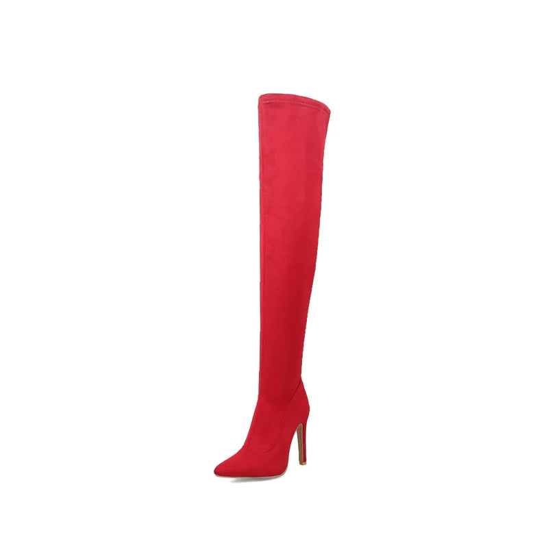 Stretch Black Red Thigh High Boots
