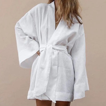 Lace-Up V-Neck Long Sleeve Shirt Dress