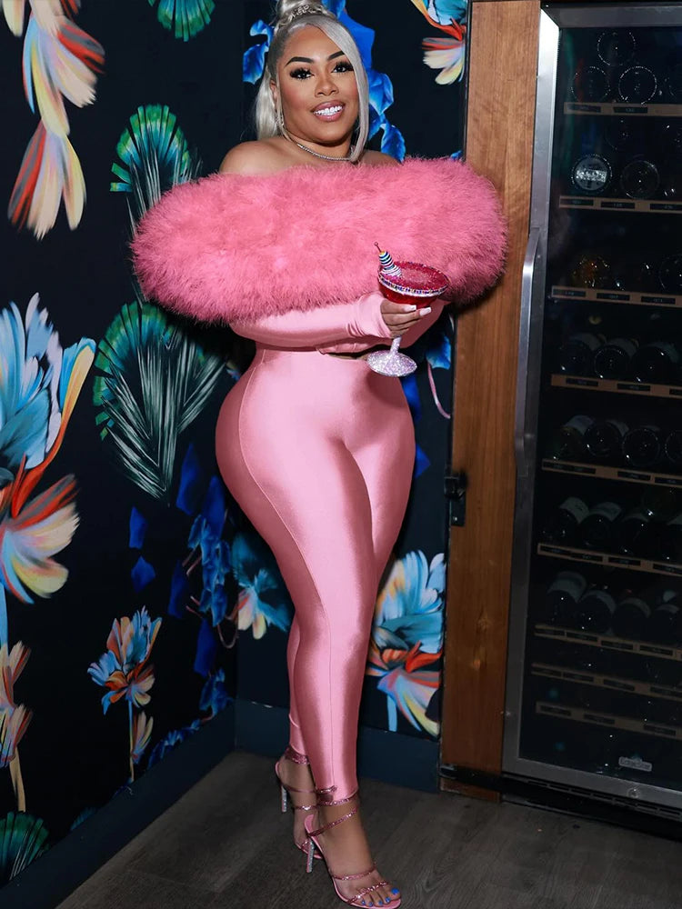 Sisterlinda Furry Slash Neck Jumpsuits Woman Luxury Hipster Patchwork Trend Sexy Hollow Stretch Fitness Club Activity Overalls