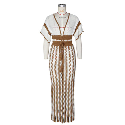 Knitted Hollow-Out Top & Skirt Set