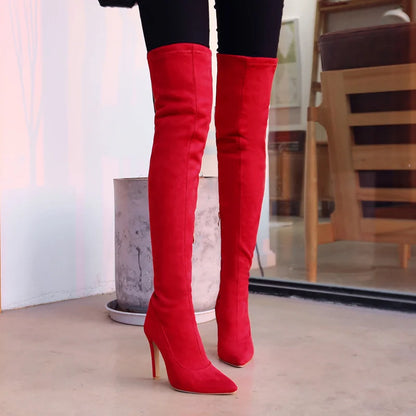 Stretch Black Red Thigh High Boots