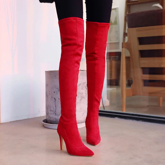 Stretch Black Red Thigh High Boots