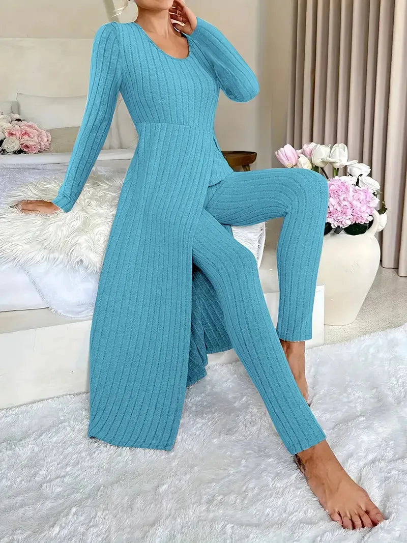 O-Neck Split Top & Slim Trousers Lounge Set