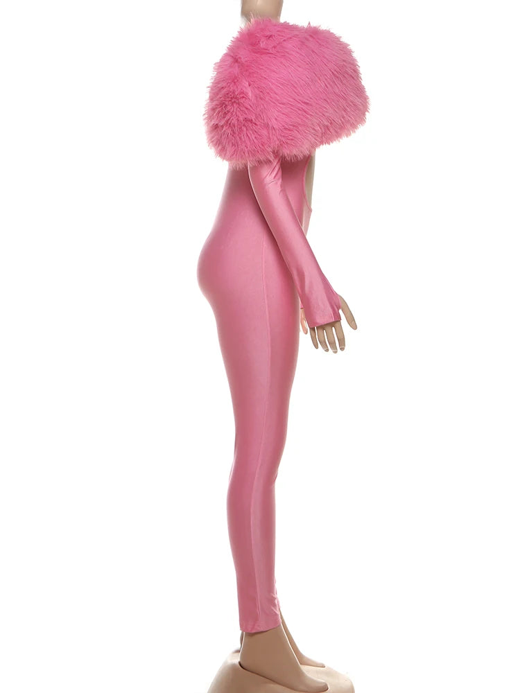 Nibber Hollow Slash Neck Jumpsuits Woman Furry Patchwork Autumn New Trend Sexy Navel Exposed Skinny Peach Hip Hottie Clubwear