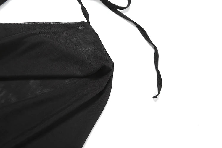 kliou Mesh Swinging Pleated Women 2 Piece Set Summer Solid Simple Halter Backless Chic Tops+Shirring Mini Skirts Coordinate Suit