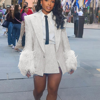 Feather-Cuff Tweed Blazer & Skirt Set