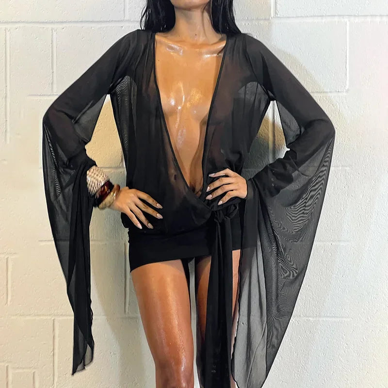 Women Sexy See Through Mesh Mini Dress Deep V-neck Lace Up Backless Flare Long Sleeve Ribbon Party Clubwear Holiday Outfits