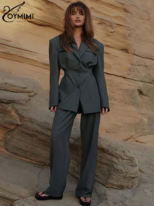 Oymimi Gray Set Outfit Pockets Long