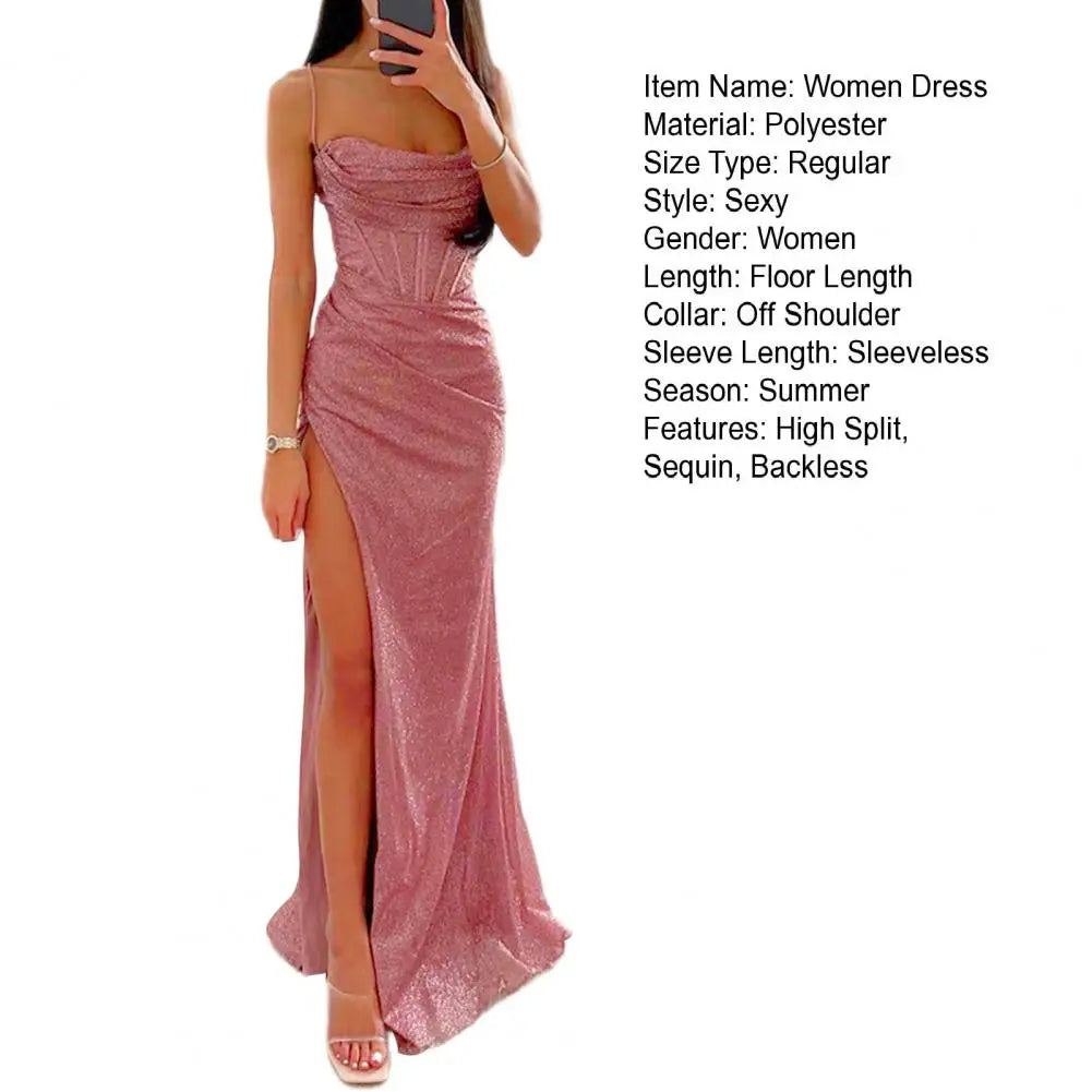 Woman Spring Summer Bodycon Dress Sexy Shiny Sequins Spaghetti Strap Split High Waist Dress Lady Prom Dress Evening Dresses