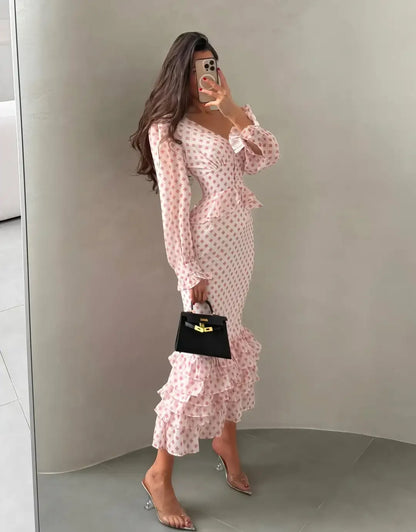 Ruffled-edge Dress Chic V-neck Long Sleeve