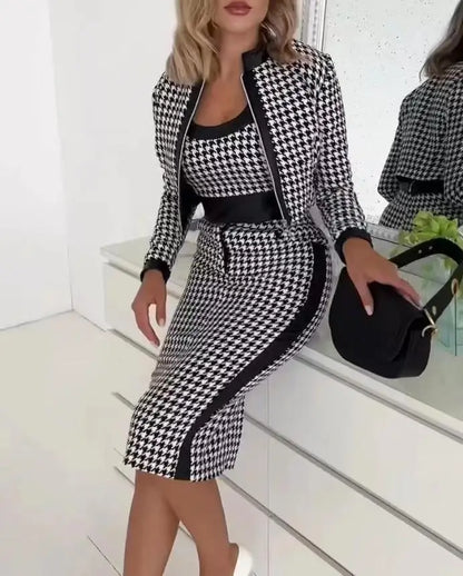 Houndstooth Print 3-Piece Skirt Set