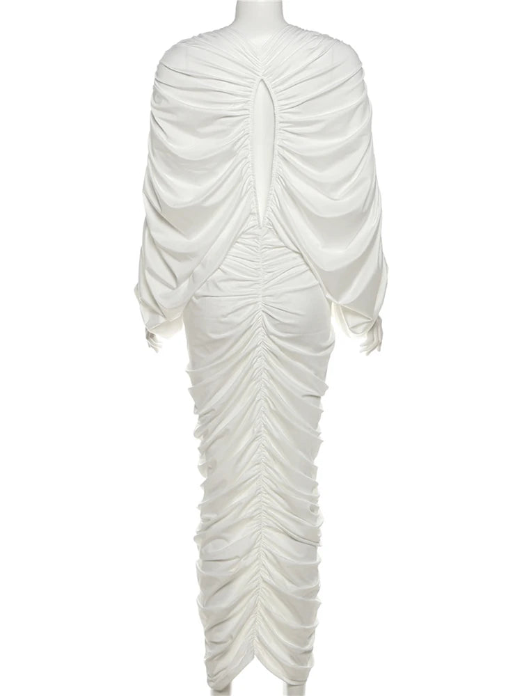 Weird Puss Hollow Ruched Patchwork Dress Peach Buttocks Bat Sleeves Chic Hipster Autumn Hipster Clubwear Skinny Stretch Vestidos