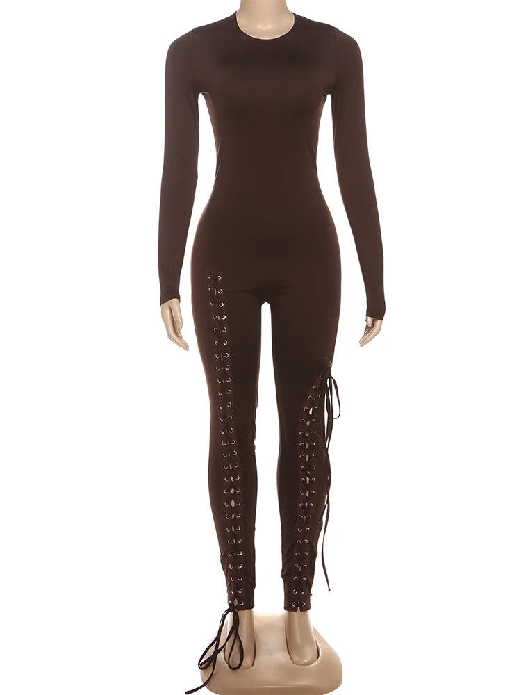 Weird Puss Sexy Fall Jumpsuits Women Diy Shirring o-Neck Full Sleeve Midnight Party Club Stretch Activity Fitness Slim Overalls