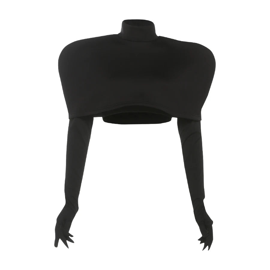 Weird Puss Chic Turtleneck T-Shirt 2-Piece Set Women Classic New Trend Long Gloves+Short Sleeve Crop Tees Fashion Streetwear