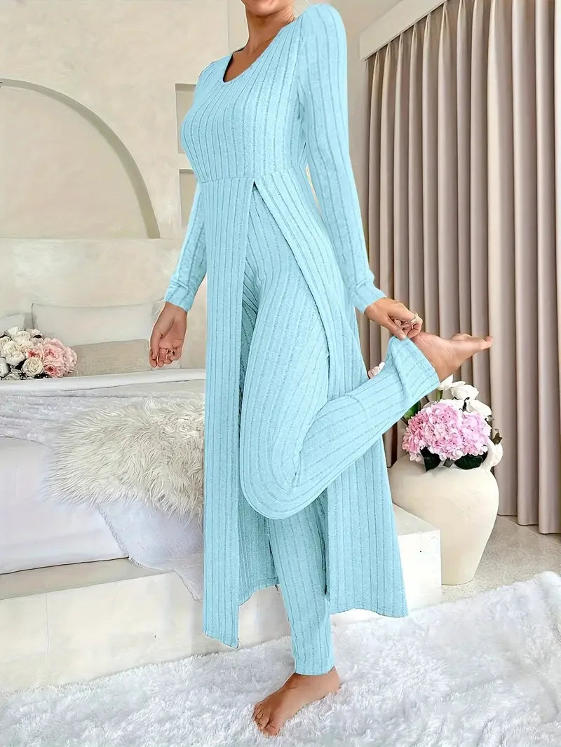 O-Neck Split Top & Slim Trousers Lounge Set