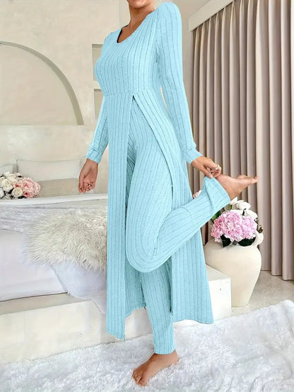 O-Neck Split Top & Slim Trousers Lounge Set