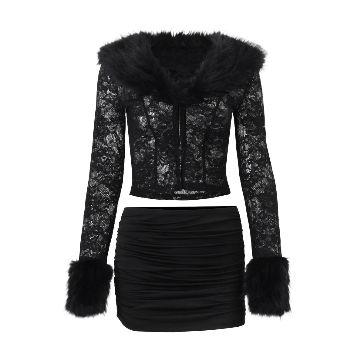 Plush Lace Trim Long Sleeve Top & Skirt Set