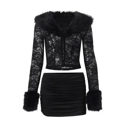Plush Lace Trim Long Sleeve Top & Skirt Set