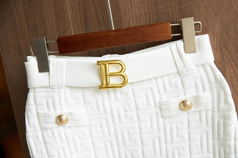 Elegant Design New Fall Slim Fit Notched Sweater Tops Mini Skirt Stretchy Knitted 2 Pieces OL Sets with Belt