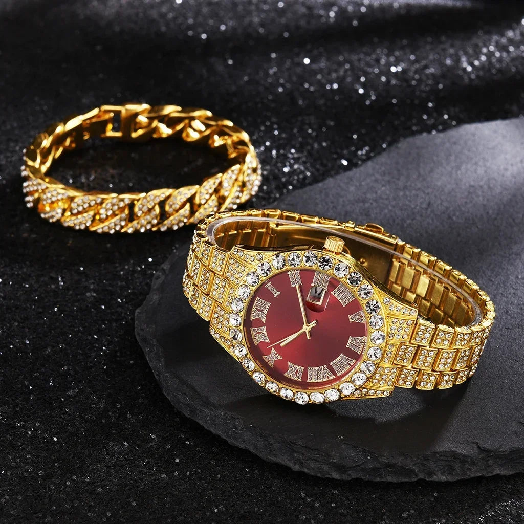 1/2Pc Watch Bracelet Set Hip Hop Stainless Steel Gold Color Calendar Watch Men Iced Out Paved Rhinestones Men Watch Reloj Hombre