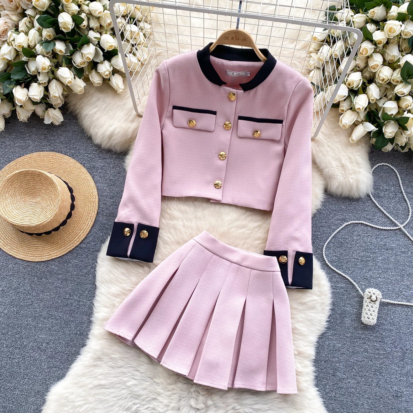 KUSAHIKI 2024 Spring Women's Color Block Short Cardigan Coat + High Waisted Pleated Half Skirt Two Piece Set