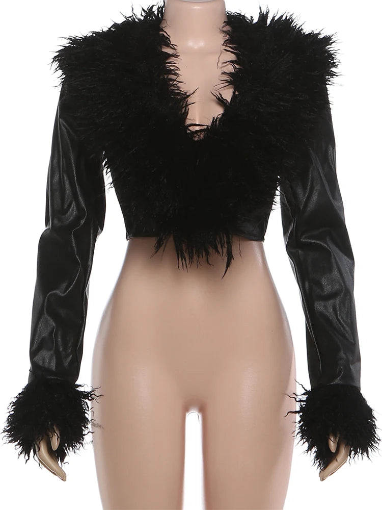 Nibber Wild Coats Woman Furry Tassel Decoration Autumn Trend Low-Neck Full Sleeve Navel Exposed High Street Style Classic Tops