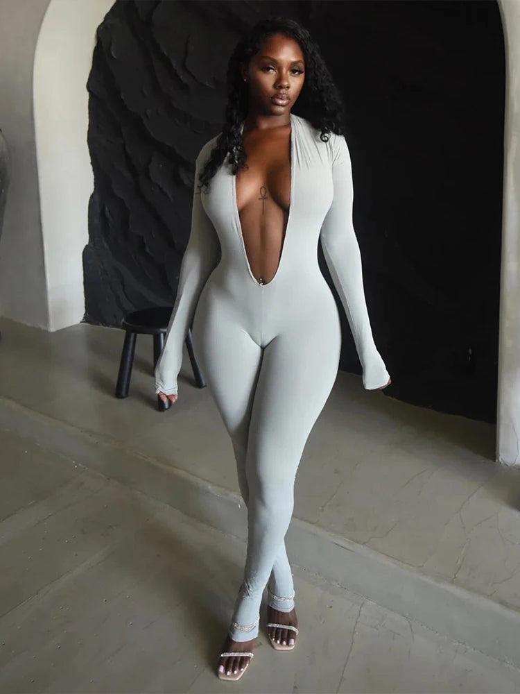 Weird Puss Backless Sexy Jumpsuit Women Basic Classics Deep V Neck Full Sleeve Backless Trend Midnight Clubwear Workout Overalls