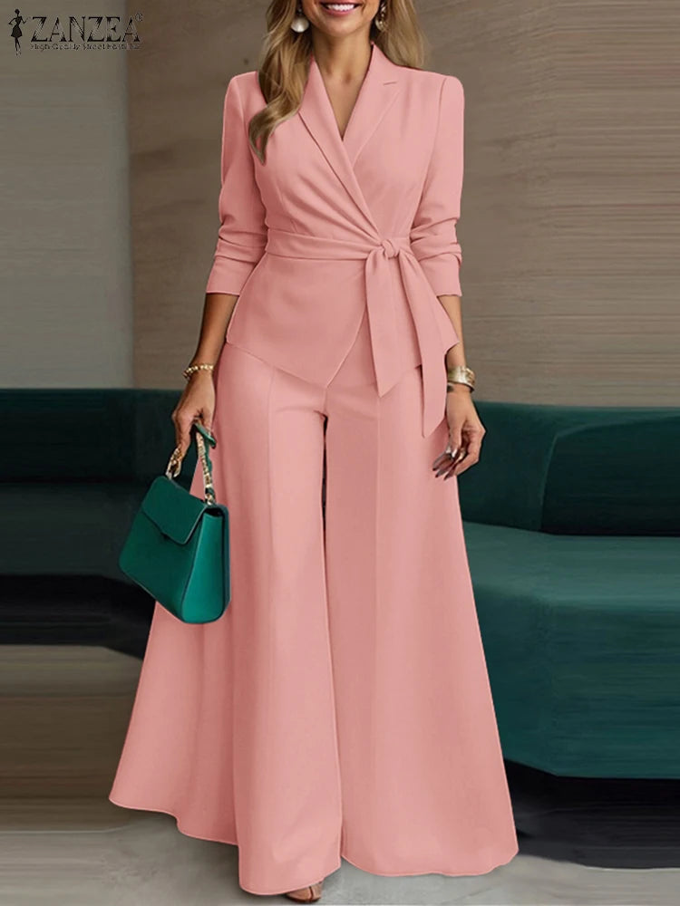 ZANZEA Pant Sets Long Sleeve Belted