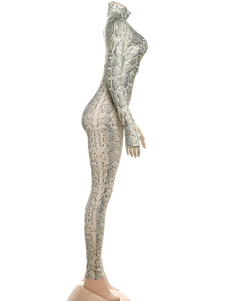 Weird Puss Snake Print Jumpsuit Woman Sexy Cirque Hollow Full Sleeve Skinny Fitness Midnight Clubwear Party Coquette Overalls