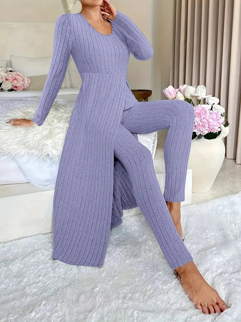 Solid Round Collar Slit Top and Trousers Set