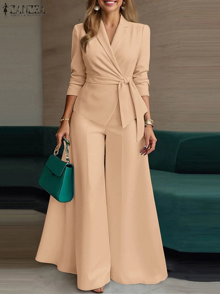 ZANZEA Pant Sets Long Sleeve Belted