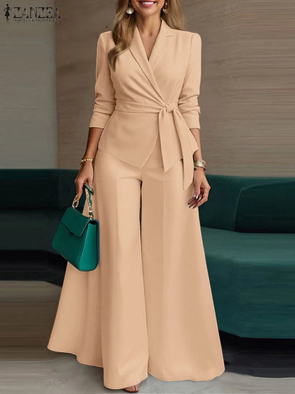 ZANZEA Pant Sets Long Sleeve Belted