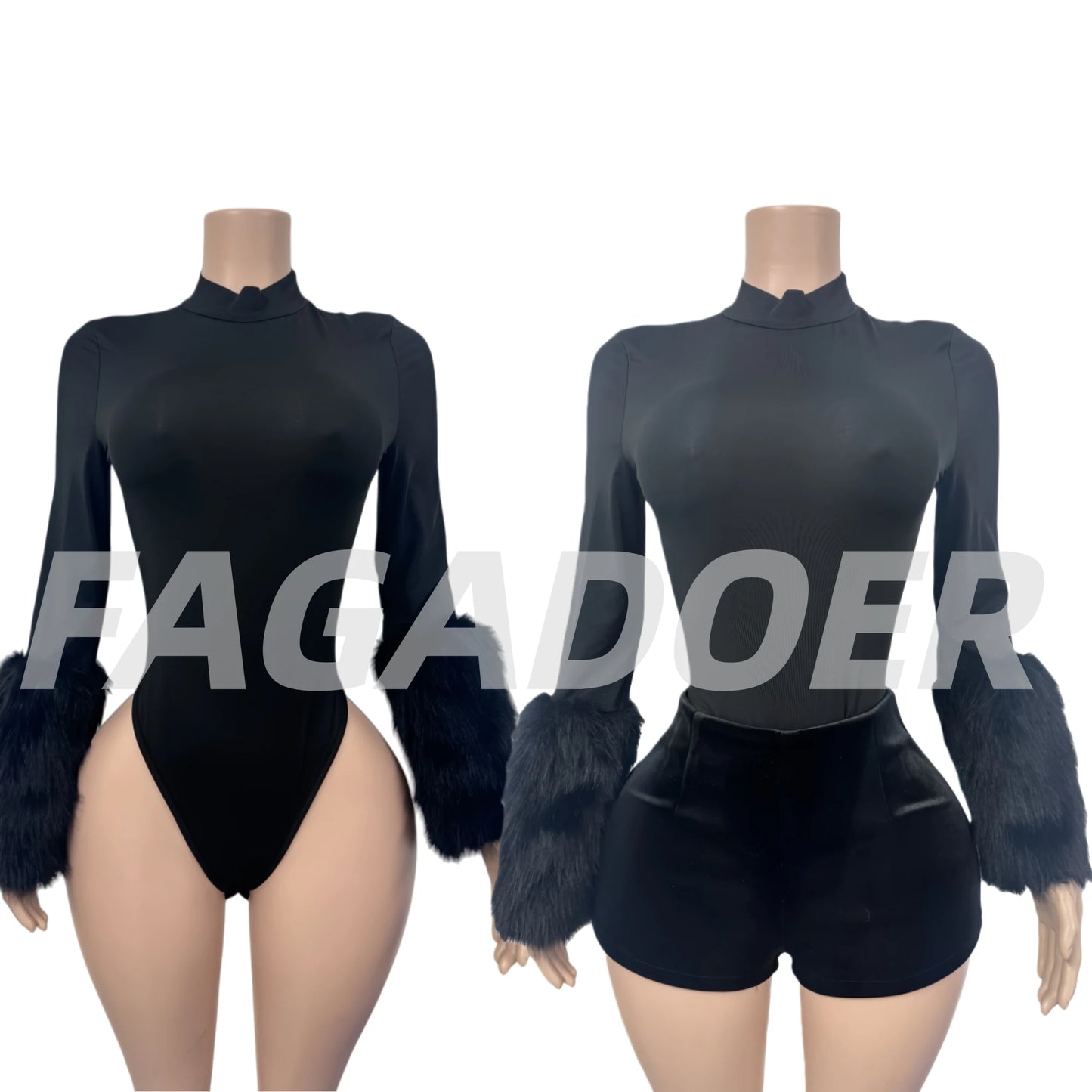 FAGADOER Winter New Sexy Fur Patchwork 2 Pieces Set for Woman Outfits Long Sleeves Bodycon Playsuits + Shorts Female Streetwear