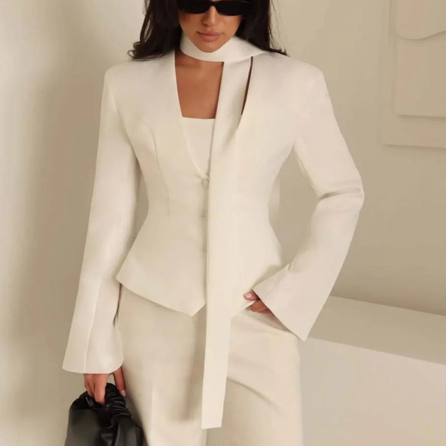 V-Neck Fitted Blazer with Scarf