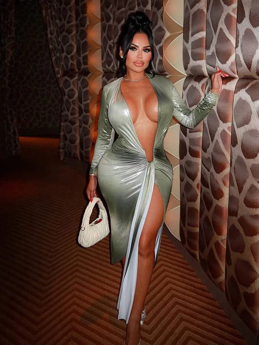 Weird Puss Sexy Silky Split Dress Women Irregular Ribbon Gradient Color Deep V-Neck Coquette Hottie Street Elegant Slim Bodycon