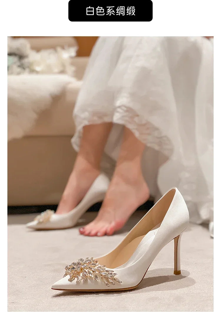 2024 Spring Summer Autumn New Wedding Shoes Red High Heels  Slim Heels Korean Version Pointed Toe Bride Shoes High Heels
