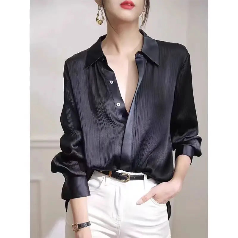 Shirts New Black Satin Texture Loose