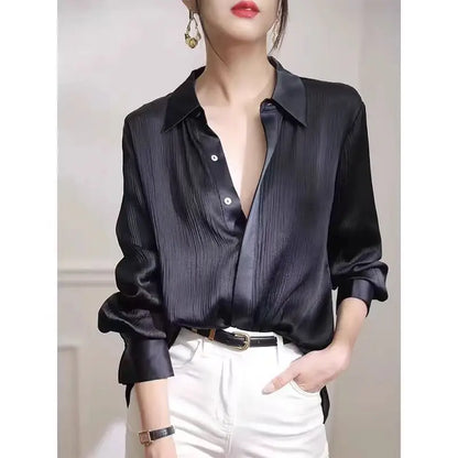 Shirts New Black Satin Texture Loose