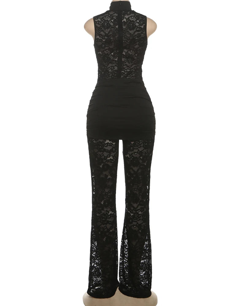 Nibber Streetwear Patchwork Jacquard Jumpsuit Woman Sexy Ruched Waist Metal Knot Stretch Skinny Midnight Workout Overalls