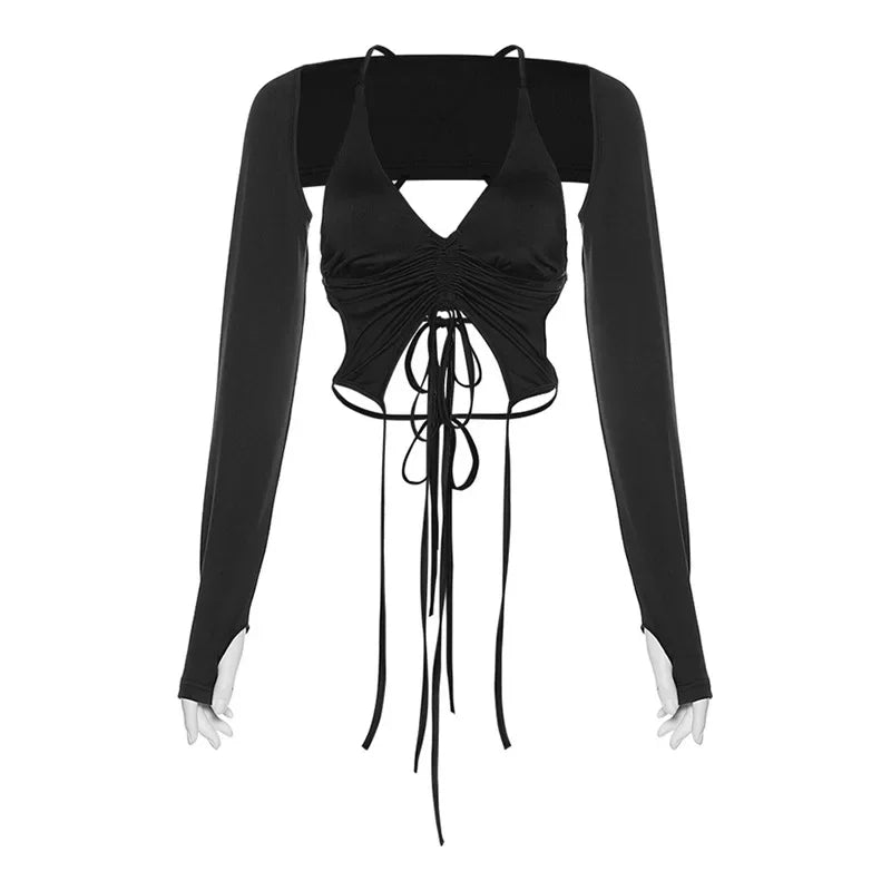 2025 New Dark Y2k Punk Drawstring Bandage Sexy Camis Techwear Backless Long Sleeve Crop Tops Women's Bodycon Summer Streetwear