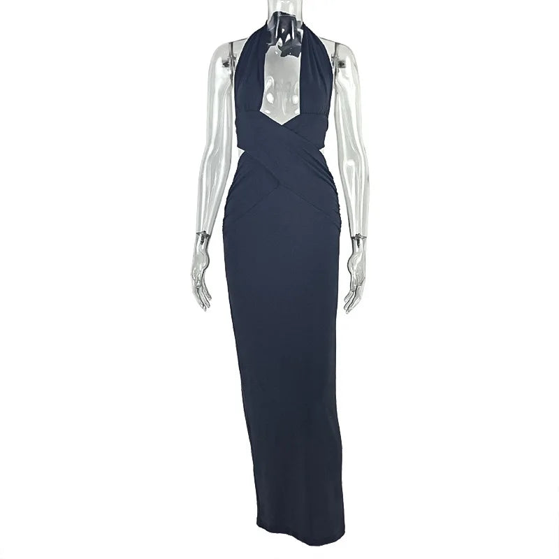 Halter Deep V-Neck Backless Bodycon Maxi Dress