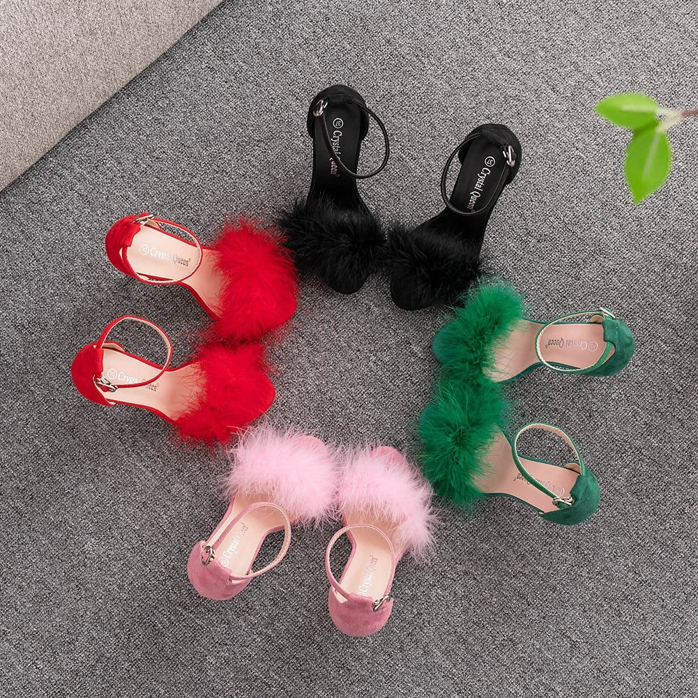 Crystal Queen Women Summer Sandals Fluffy Peep Toe Stilettos High Heels  Fur Feather Lady Wedding Shoes  Large Size 42