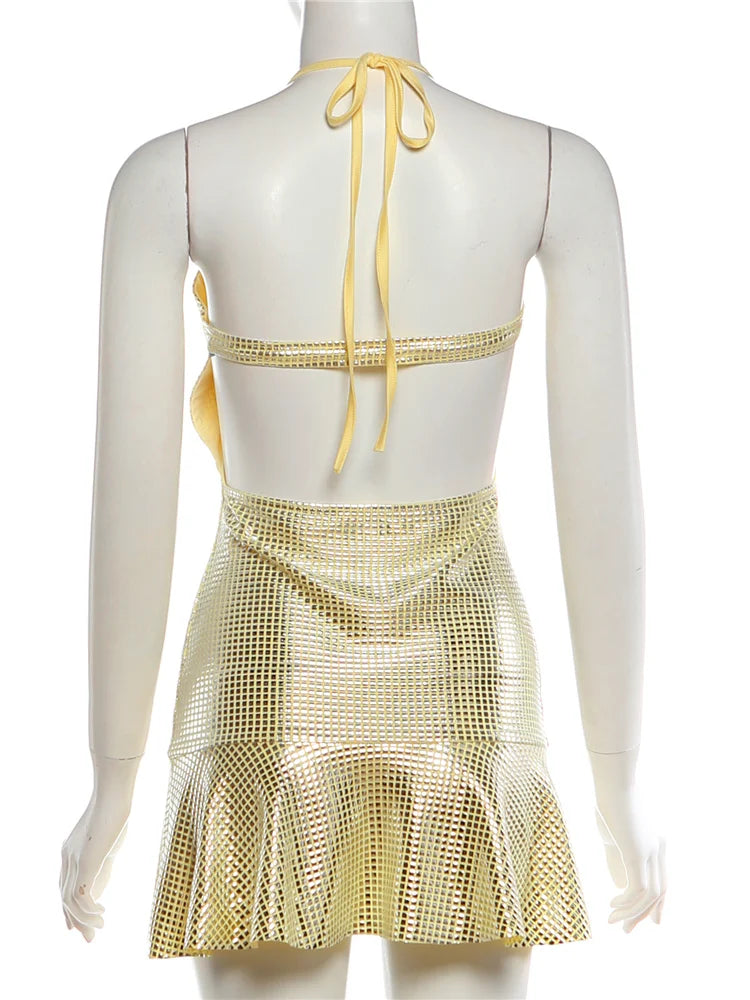 Weird Puss Sequin Patch Dress Women Sexy Deep V-Neck Patchwork Hem Chest Wrapped Stretch Sleeveless Clubwear Birthday Bodycon