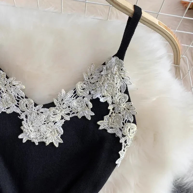 2024 Sexy Backless Lace Patchwork Knitted Split Summer Dress Women Black Mini Party Dress Bodycon Sheath night Club Outfits