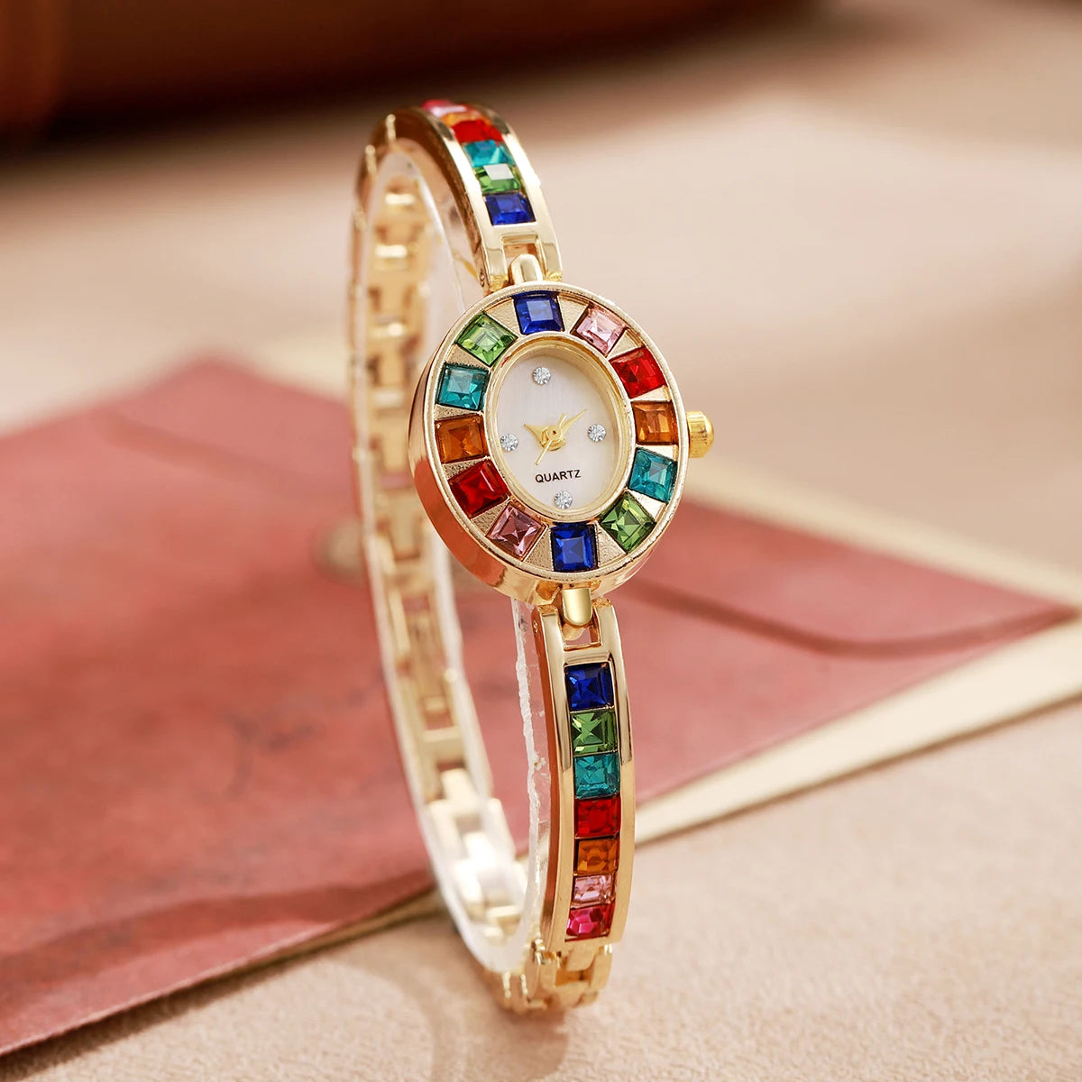 2PC Women's Retro Style Quartz Watch Elegant Ladies' Style Colorful Diamond Set Dial Compact Watch With Bracelet Holiday Gift