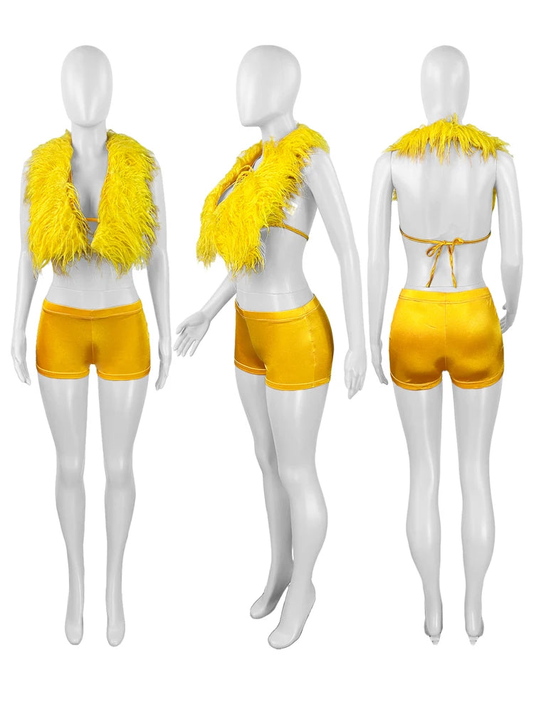 Luxury Fur Patchwork 2 Pieces Set for Woman Outfit Summer 2025 New Tank Top and Stretch Shorts Midnight Club Wear Party Suits