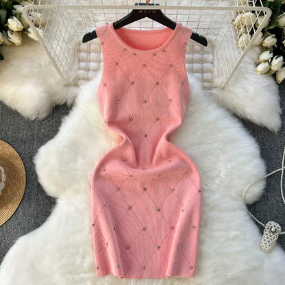 Beading Knitting Sheath Tank Dress Bodycon