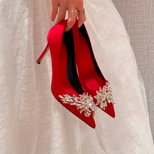 2024 Spring Summer Autumn New Wedding Shoes Red High Heels  Slim Heels Korean Version Pointed Toe Bride Shoes High Heels