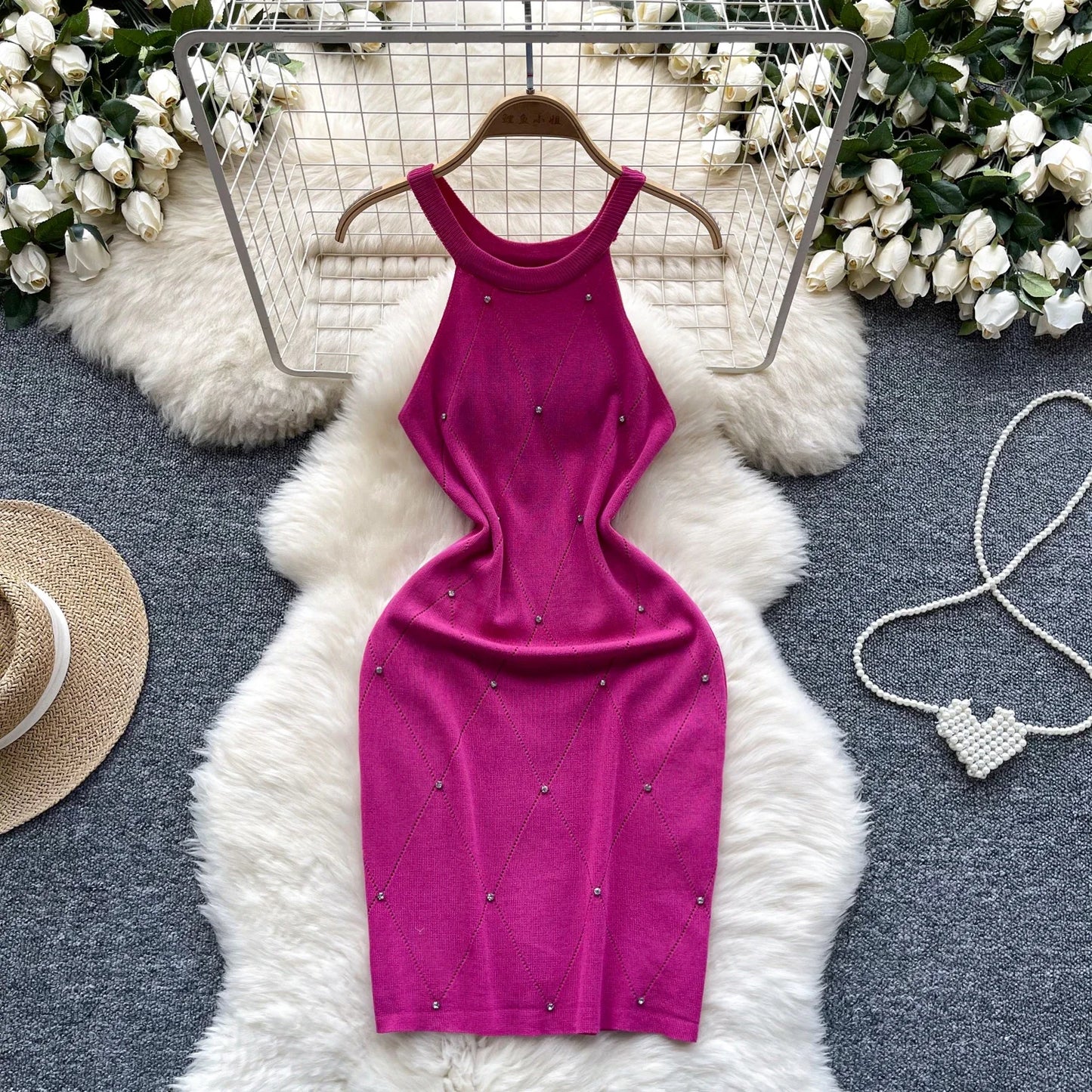 Beading Halter Women's Knitting Sheath Tank Dress Female Bodycon Knitted Camisole Sleeveless Mini Dresses For Woman Outfits