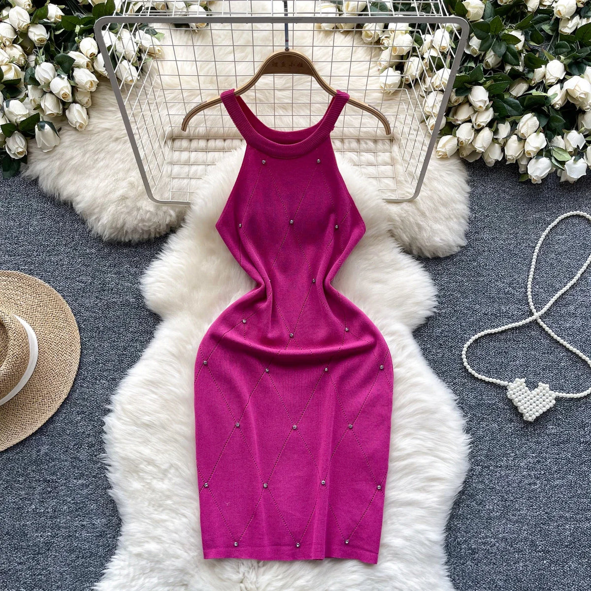 Beaded Halter Knit Bodycon Mini Dress